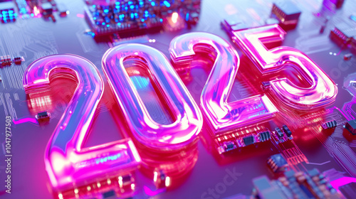 Happy new year 2025 number on electronic circuit board technology wallpaper, 3D cyberpunk pink purple blue neon lights background banner template
