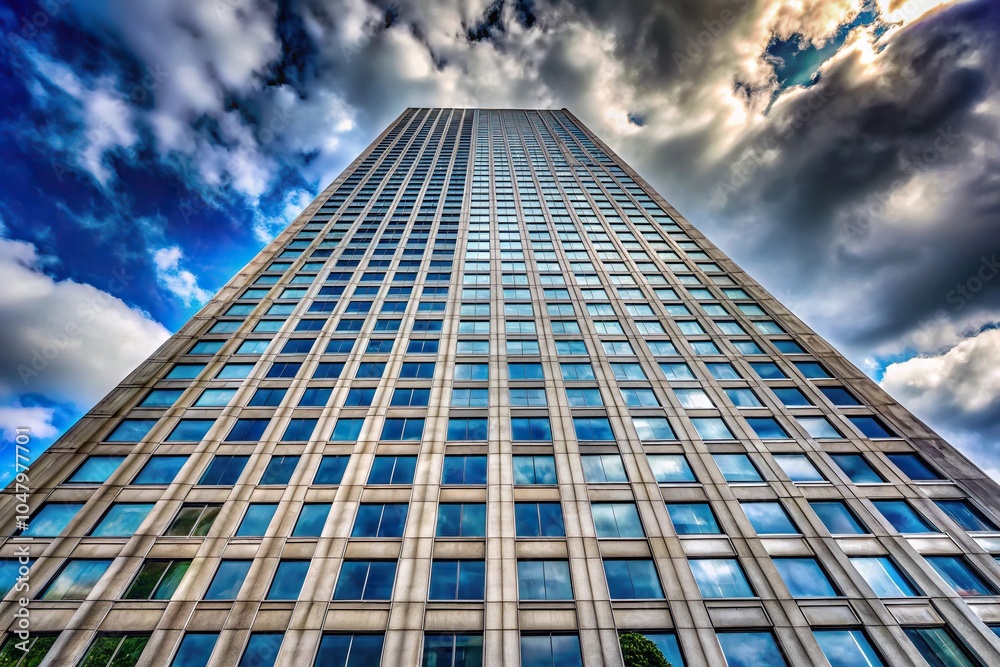 Tall building with many windows against cloudy sky in background Tall building with many windows against cloudy sky in background