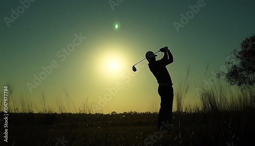 A golfer swings at sunset, capturing the essence of leisure and sport in nature.