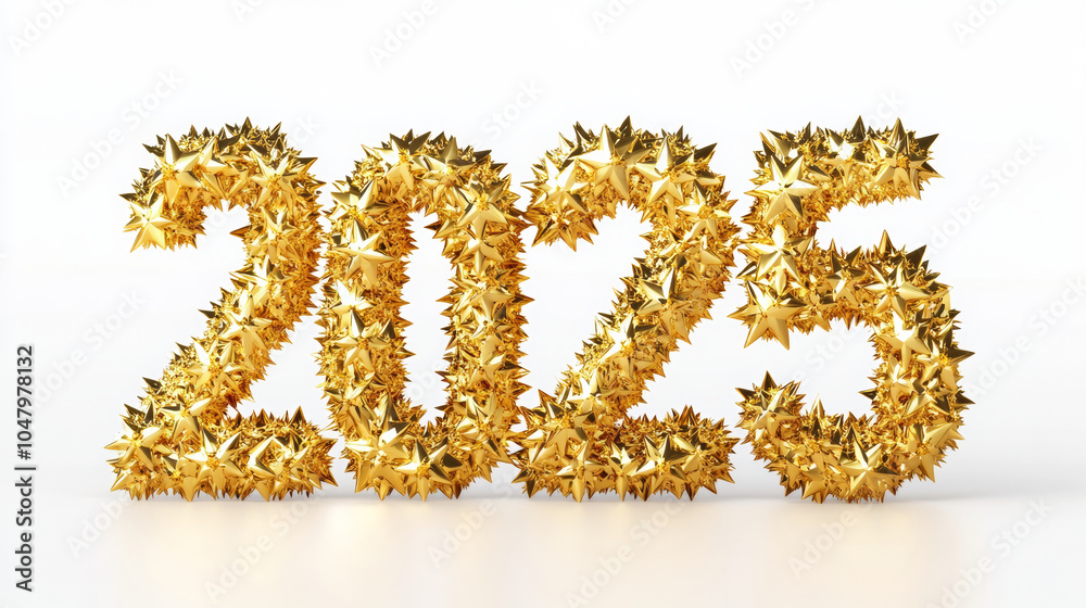 Happy new year 2025 number golden shiny brushed metal reliefs golden star wallpaper, 3D modern fashion shimmering glossy fashion white background banner template Happy new year 2025 number golden shiny brushed metal reliefs golden star wallpaper, 3D modern fashion shimmering glossy fashion white background banner template