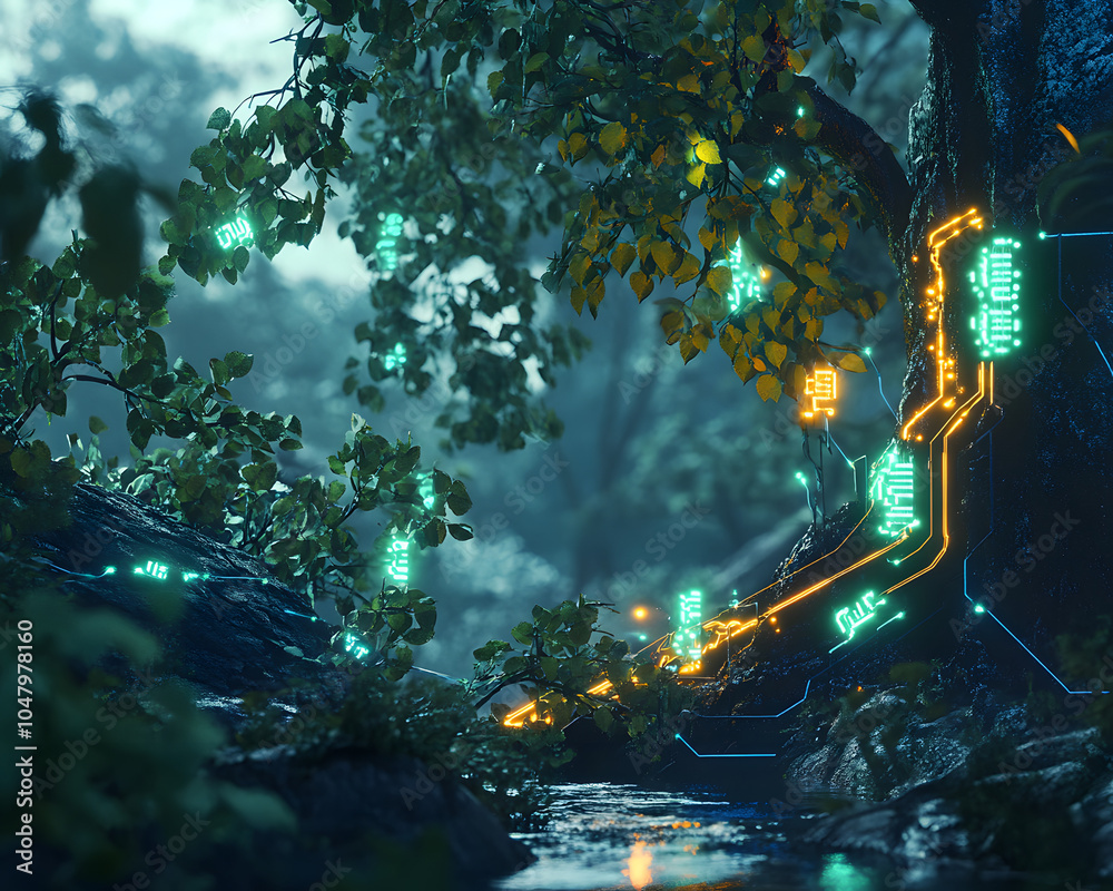 Naklejka premium Fusion of Technology and Nature in Glowing Forest
