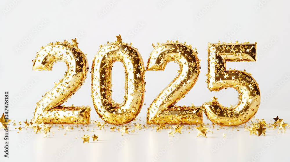 Happy new year 2025 number golden shiny brushed metal reliefs golden star wallpaper, 3D modern fashion shimmering glossy fashion white background banner template Happy new year 2025 number golden shiny brushed metal reliefs golden star wallpaper, 3D modern fashion shimmering glossy fashion white background banner template