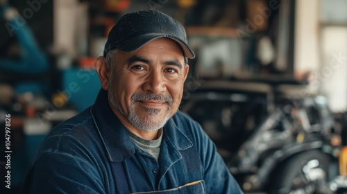 This portrait features a middle-aged Latino male mechanic smiling warmly in an automotive workshop, showcasing his expertise and approachable demeanor in a candid moment.