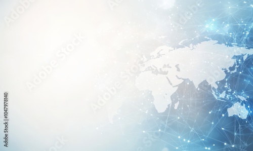 The light blue background shows a vision of global connectivity, with digital connections encircling the globe, symbolising the global convergence of technology and information flows.