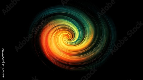 A vibrant, abstract spiral design with swirling colors of red, orange, yellow, and green against a black background.