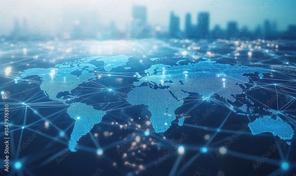 The light blue background shows a vision of global connectivity, with digital connections encircling the globe, symbolising the global convergence of technology and information flows. The light blue background shows a vision of global connectivity, with digital connections encircling the globe, symbolising the global convergence of technology and information flows.