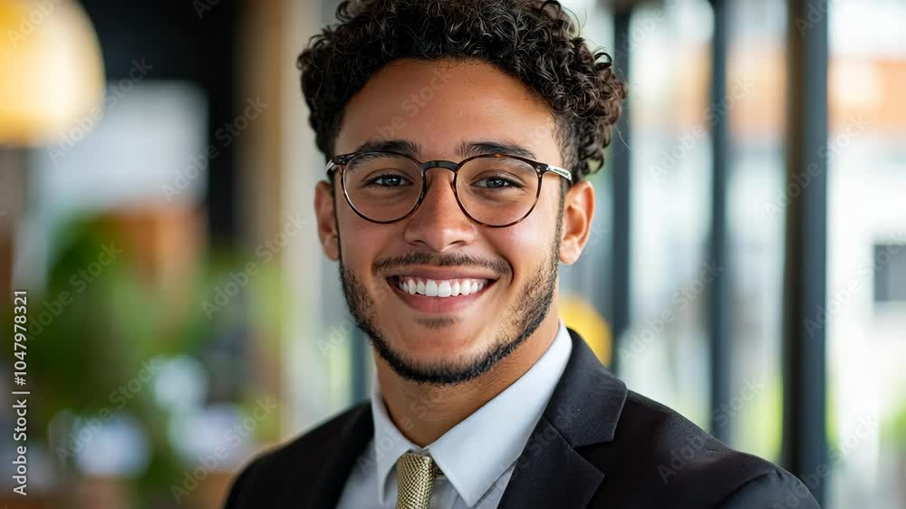 A young man with curly hair and glasses smiles broadly while wearing a suit and tie A young man with curly hair and glasses smiles broadly while wearing a suit and tie