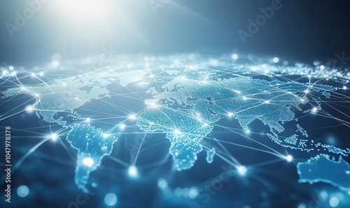 The light blue background shows a vision of global connectivity, with digital connections encircling the globe, symbolising the global convergence of technology and information flows.