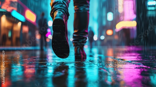 person walks through rainy cyberpunk street, illuminated by neon signs