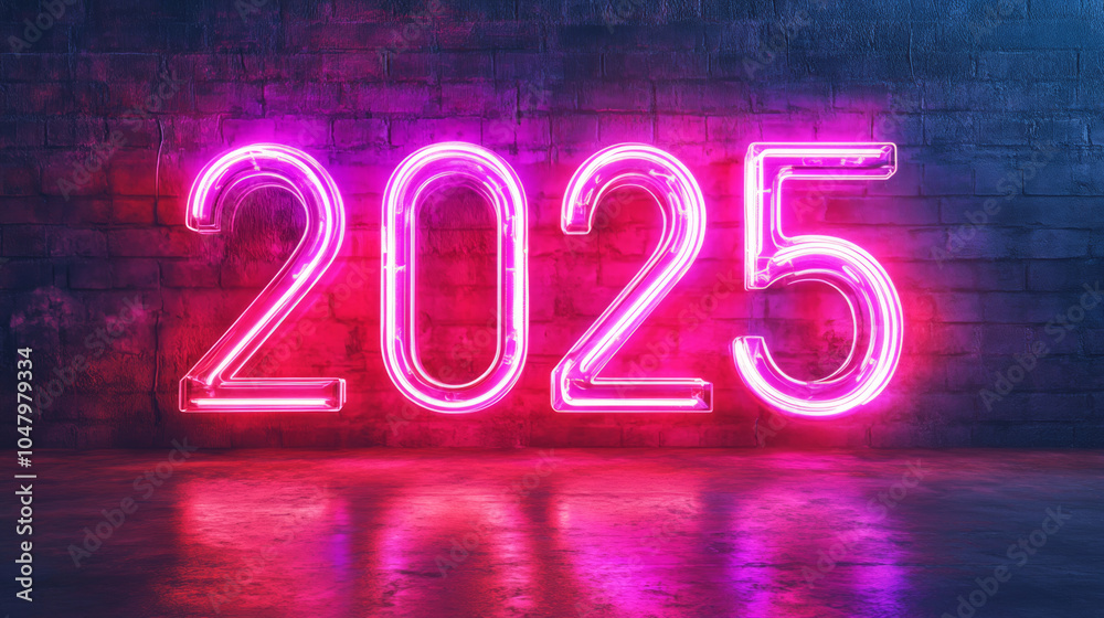 Happy new year 2025 number neon lights wallpaper, 3D modern cyberpunk pink purple blue fashion background banner template