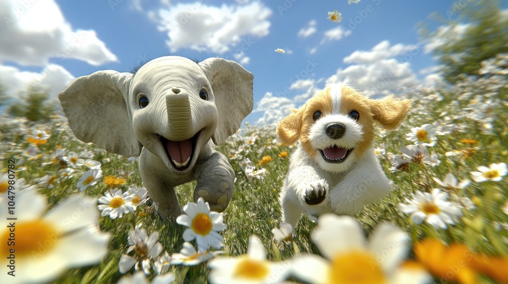 Joyful Elephant and Puppy in a Flower Field