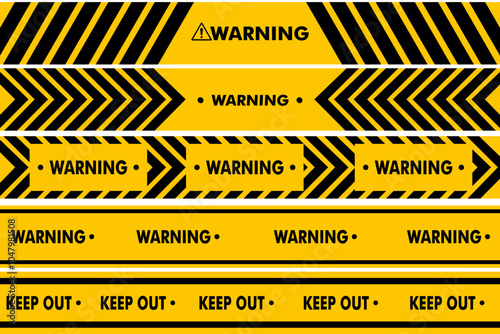 Set of Hazardous warning tape for danger places, construction and crime, warning bands vector