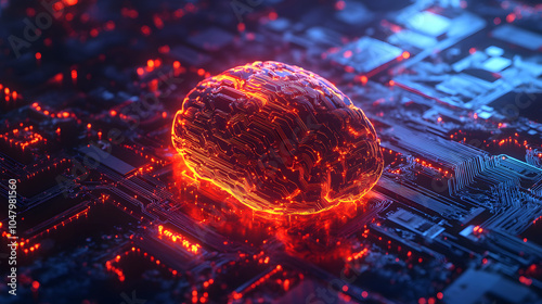 Glowing Digital Brain Surrounded by Electric Circuits