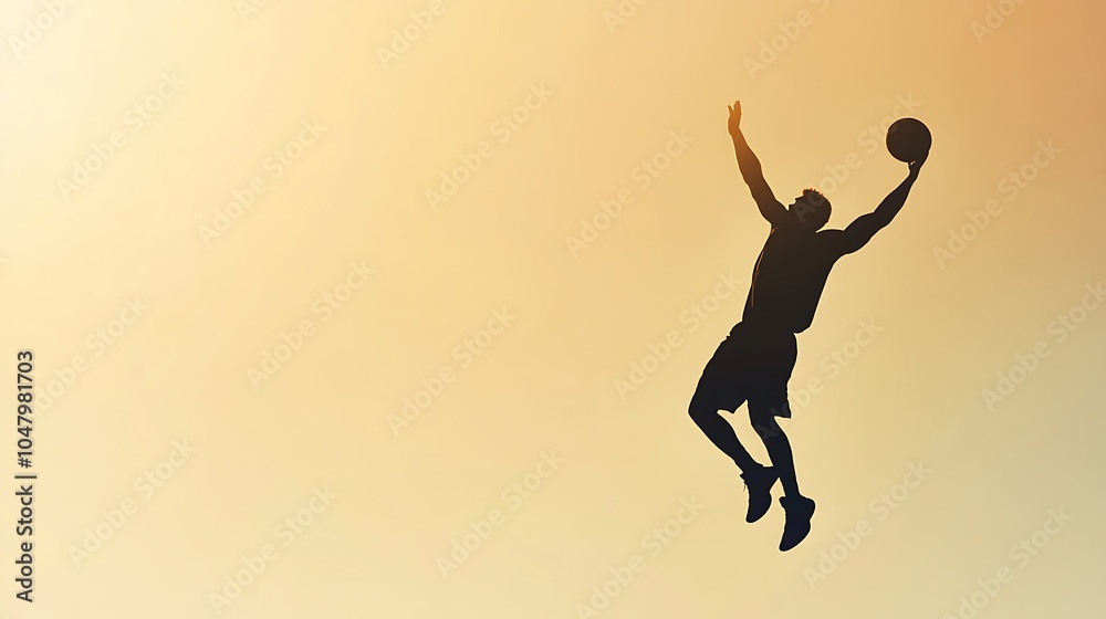 A silhouetted figure leaps to dunk a basketball against a warm gradient background. A silhouetted figure leaps to dunk a basketball against a warm gradient background.
