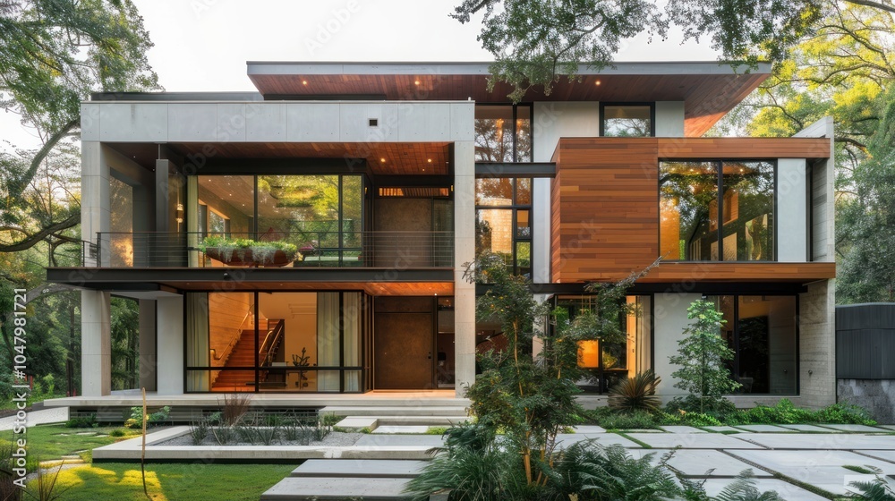 Modern Concrete and Wood Home with Landscaped Yard Modern Concrete and Wood Home with Landscaped Yard
