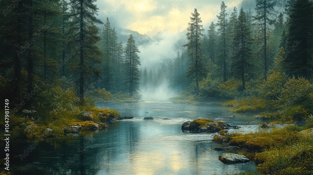 Fototapeta premium Serene forest landscape with mist over a tranquil river.
