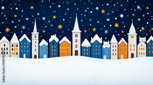 Snowy Winter Village Night Scene with Snowflakes Stars and a Cat