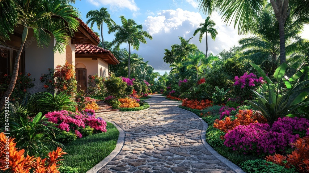 Lush garden pathway surrounded by vibrant tropical flowers. Lush garden pathway surrounded by vibrant tropical flowers.