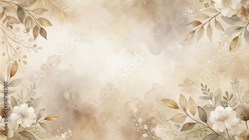 Vintage floral watercolor background with beige leaves