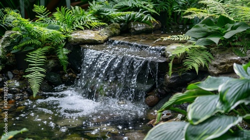 A soothing waterfall feature surrounded by plants and greenery.