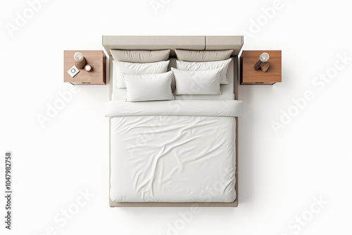 bright double bed with bedside tables on a white background top view