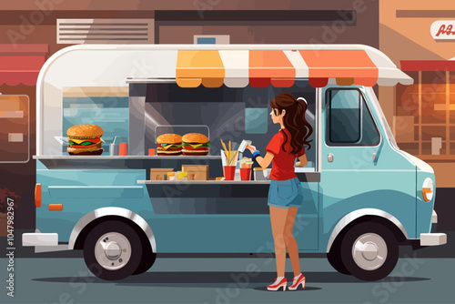 woman buying hamburger from a gourmet food truck