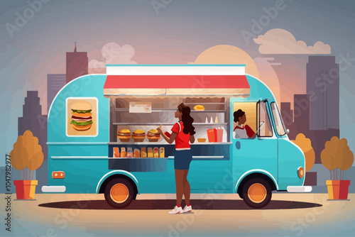 woman buying hamburger from a gourmet food truck