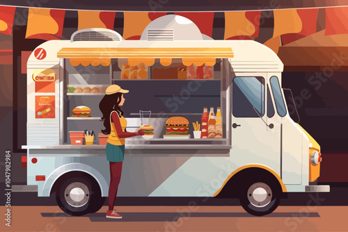 woman buying hamburger from a gourmet food truck