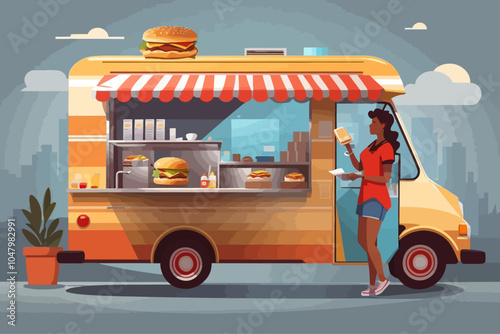 woman buying hamburger from a gourmet food truck