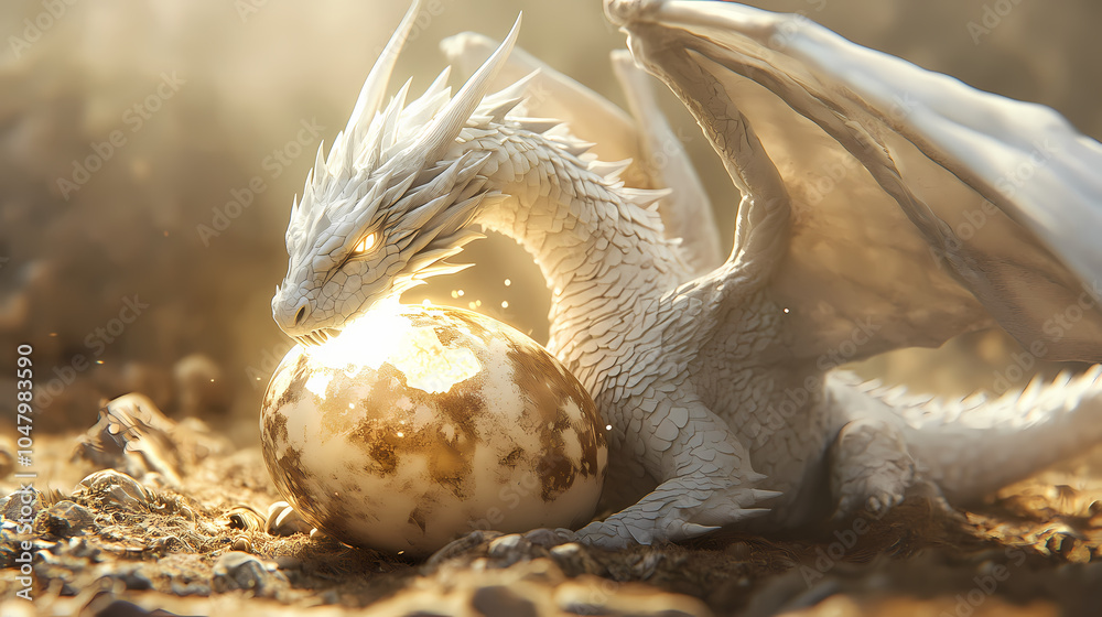 Obraz premium Majestic white dragon emerges from shimmering egg epic fantasy concept art ai generated. Dragon Egg Hatching. Illustration