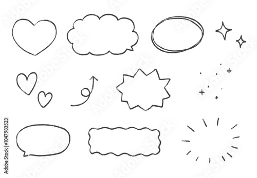 Set of Hand-drawn cute shapes, box lines, and circles: Doodle illustration, pencil crayon, rough chalk, arrows, stars, sparkles, heart, sketching elements on a transparent background
