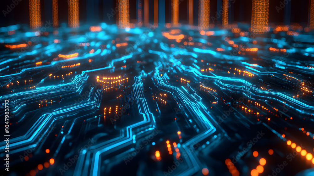 Obraz premium Vibrant Cyber Network with Glowing Blue Elements