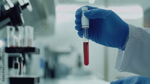 Laboratory Technician Holding Blood Sample in Tube photo