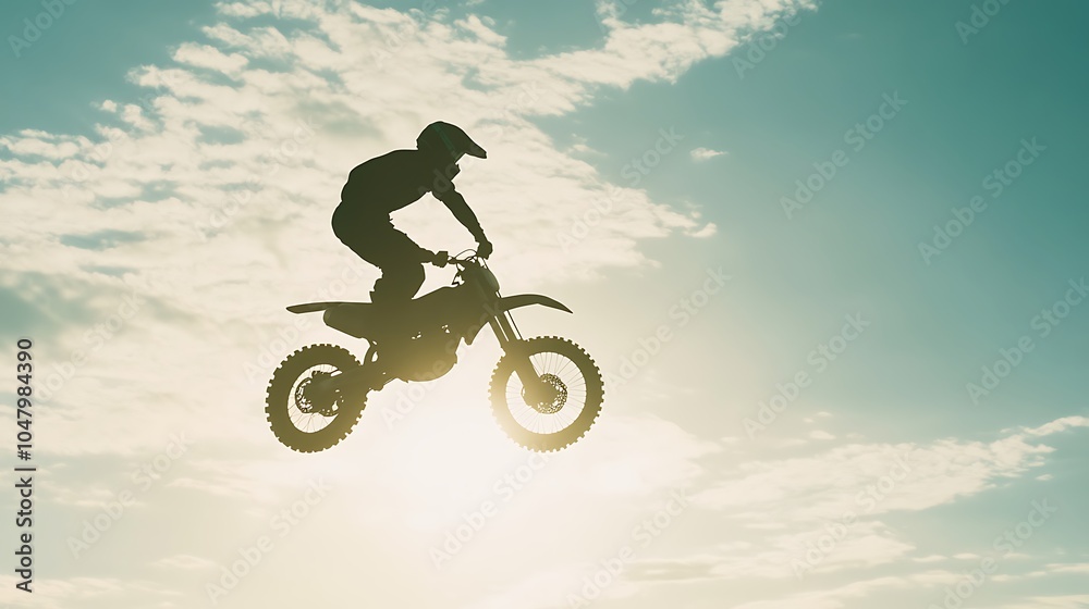 Obraz premium A silhouetted motocross rider jumps against a bright sky, showcasing extreme sports action.
