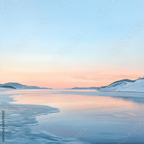 Tranquil Frozen Lake with Pastel Sunrise Glow