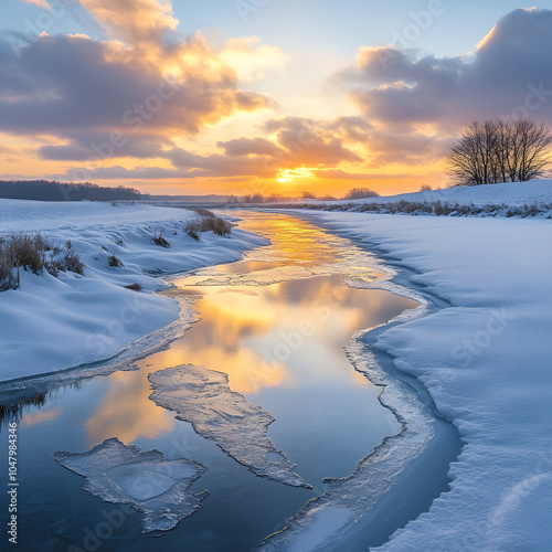 Tranquil Golden Sunset Over Frozen Lake Reflection