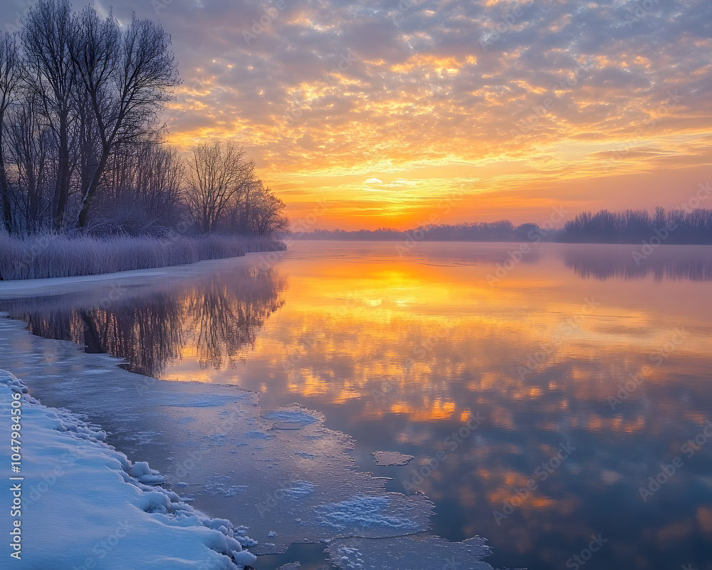 Fototapeta premium Tranquil Winter Lake with Glowing Golden Sky