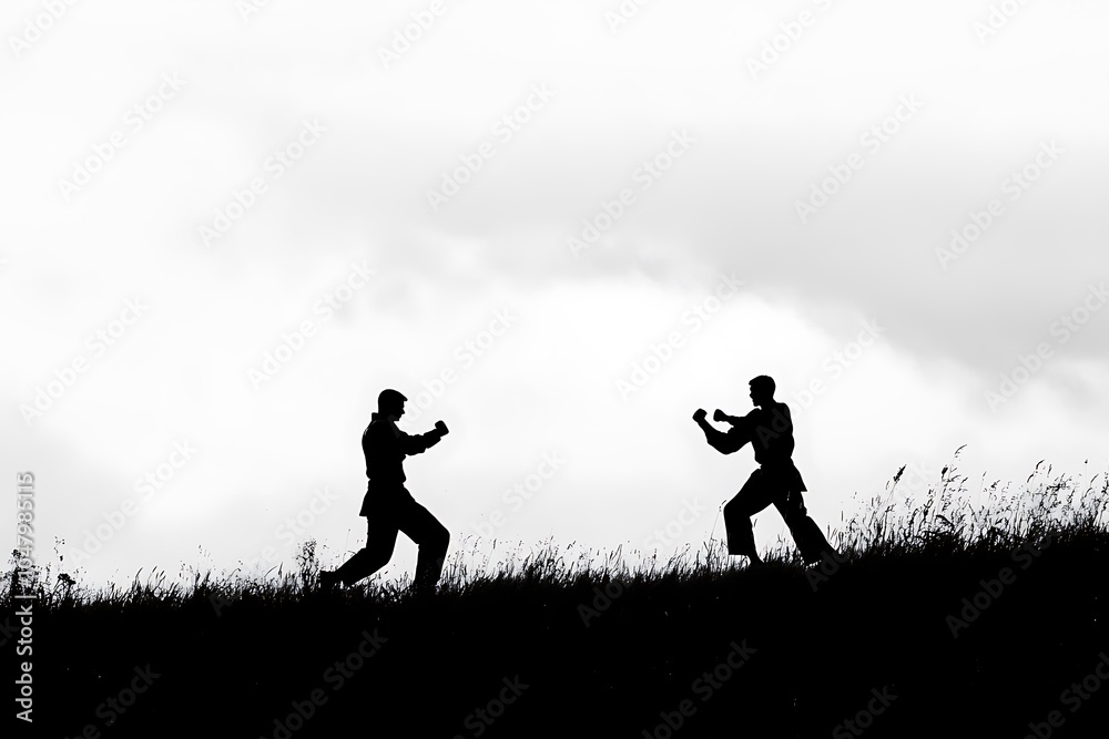 Two silhouetted figures engaging in a martial arts stance on a grassy hill. Two silhouetted figures engaging in a martial arts stance on a grassy hill.
