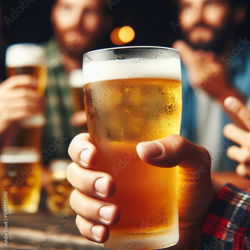 Person holding a cold glass of beer with frothy foam at a bar table photo