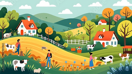 Garden, farm, nature and countryside. Illustration of a landscape with houses, trees, agriculture, livestock and grass. Drawing for banner, postcard or background