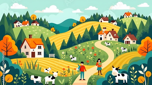 Garden, farm, nature and countryside. Illustration of a landscape with houses, trees, agriculture, livestock and grass. Drawing for banner, postcard or background
