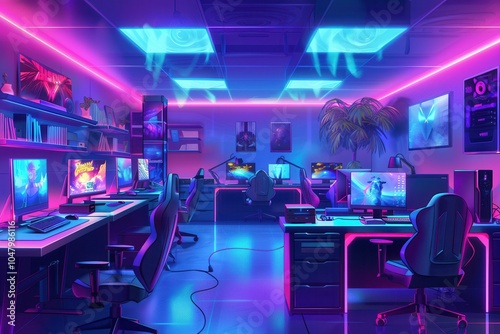 Gamers are immersed in play at a modern gaming club, where consoles and computers create an engaging environment with neon lighting. Generative AI