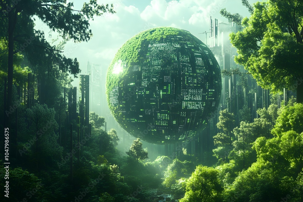 Obraz premium Futuristic Eco Friendly Globe Nestled in Serene Forest Landscape Showcasing Blend of Nature and
