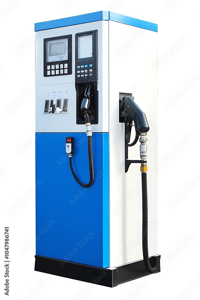 A white and blue gas pump with a black hose and nozzle. The pump has a digital display and buttons. A white and blue gas pump with a black hose and nozzle. The pump has a digital display and buttons.