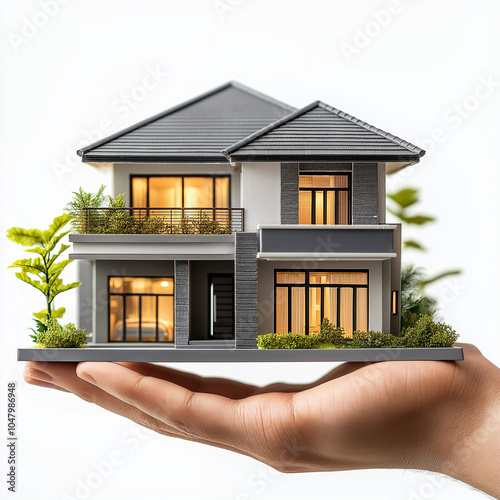 Hand holding Emodern house model of buying or building new home photo