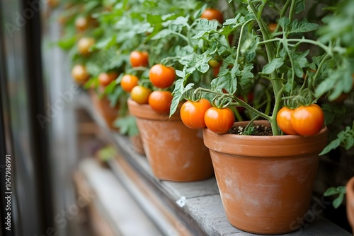 Charming Balcony Garden with Lush Tomato Plants in Terracotta Pots Cultivating an Urban Green Oasis