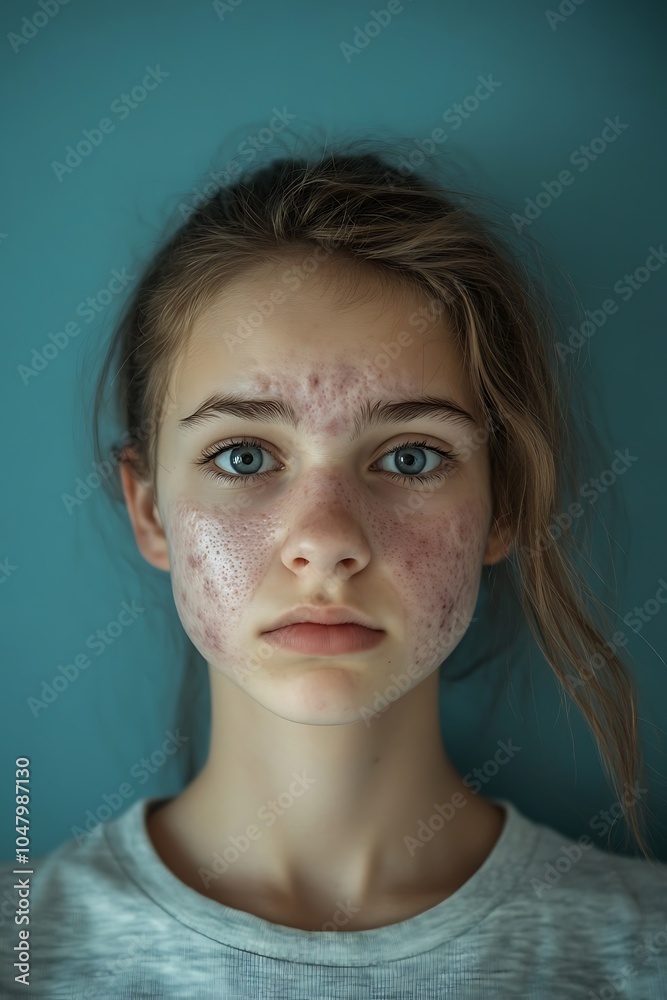 A young woman with acne on her face looks directly at the camera. Her hair is brown and pulled back from her face. She is wearing a gray shirt. A young woman with acne on her face looks directly at the camera. Her hair is brown and pulled back from her face. She is wearing a gray shirt.