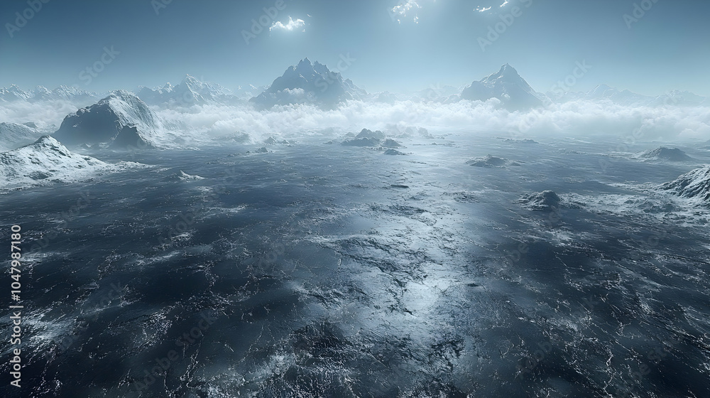 Snowy Mountain Peaks Above Blue Water 3D Illustration Snowy Mountain Peaks Above Blue Water 3D Illustration