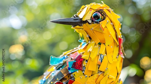 View of a yellow birdie with brightly colored shows photo