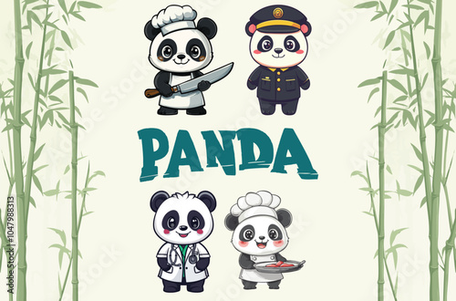 cute chubby panda with bamboo police chef doctor